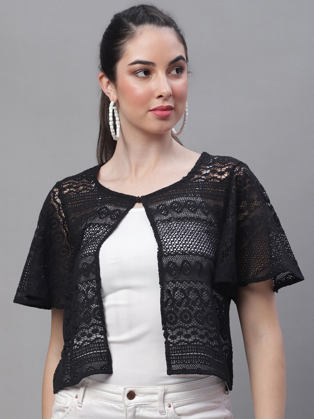

Rute Open Front Stylish Crop Button Cotton Shrug, Black
