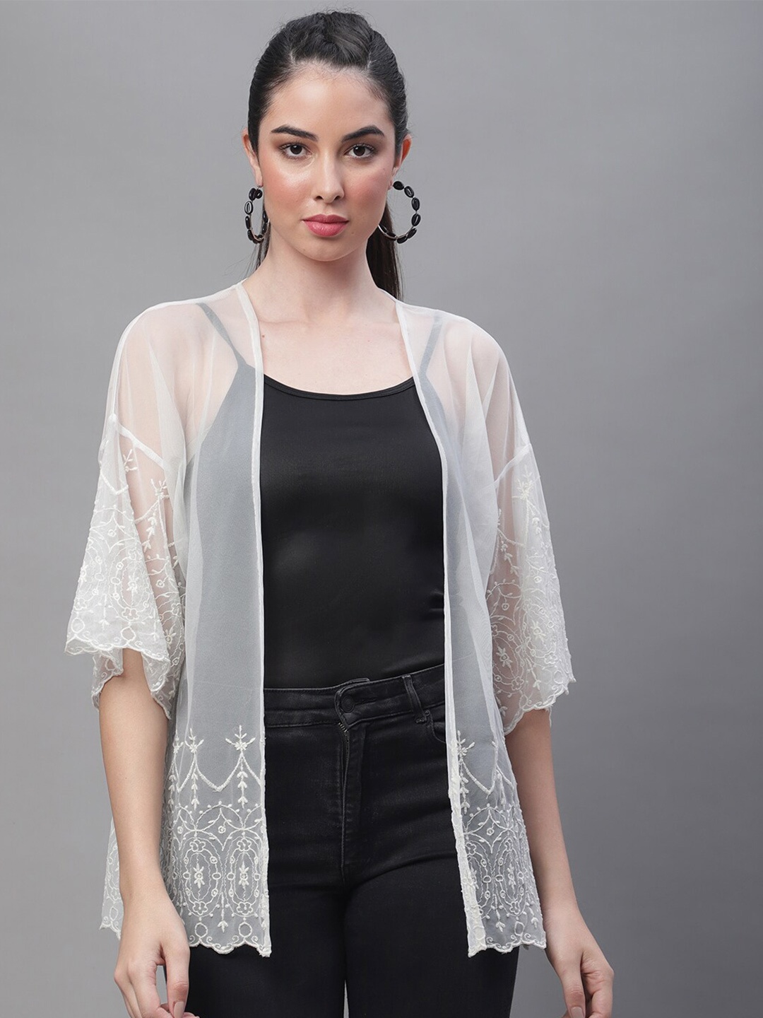 

Rute Open Front Stylish Cotton Sheer Shrug, White