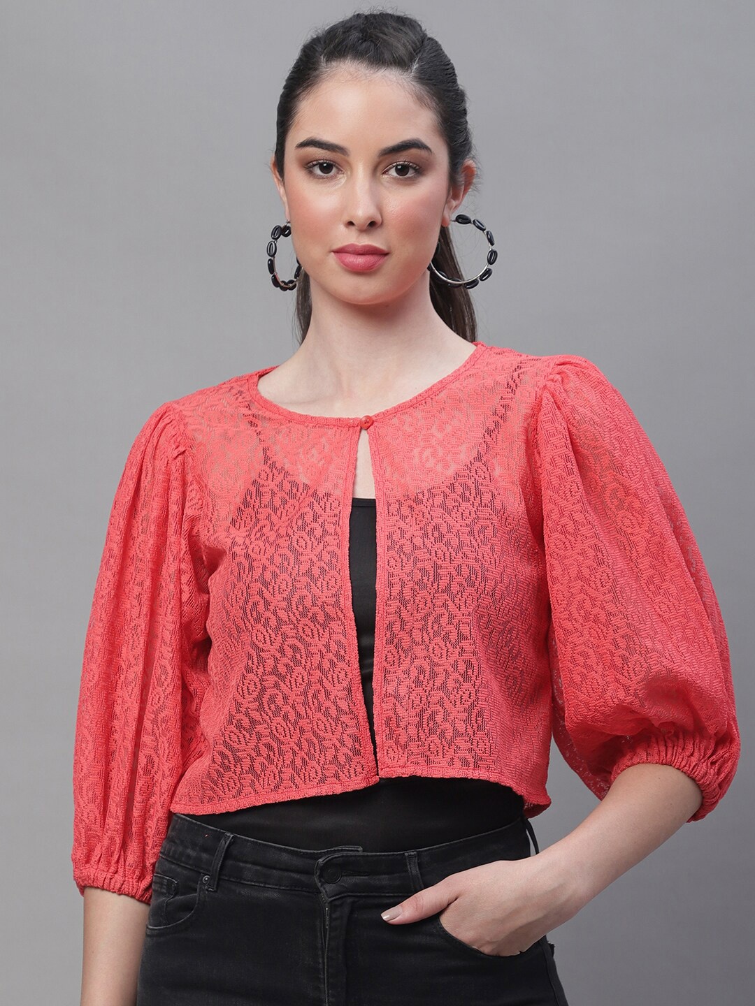 

Rute Open Front Stylish Crop Button Cotton Shrug, Red