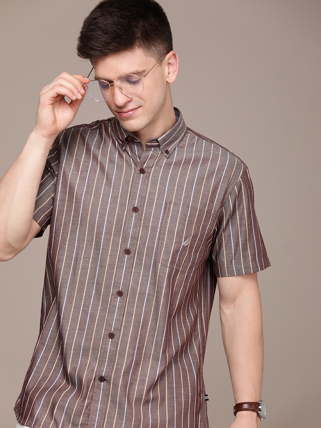 

Nautica Pure Cotton Slim Fit Vertical Striped Casual Shirt, Brown