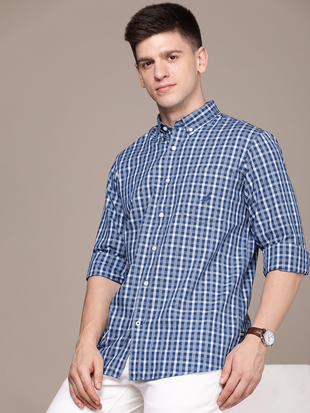 

Nautica Pure Cotton Slim Fit Checked Casual Shirt, Blue