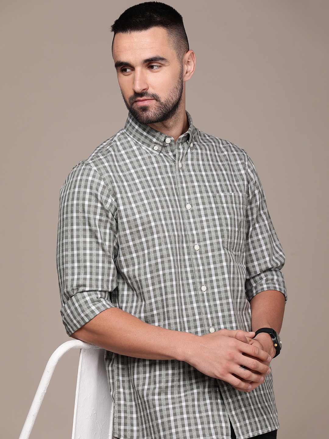 

Nautica Pure Cotton Slim Fit Opaque Checked Casual Shirt, Grey