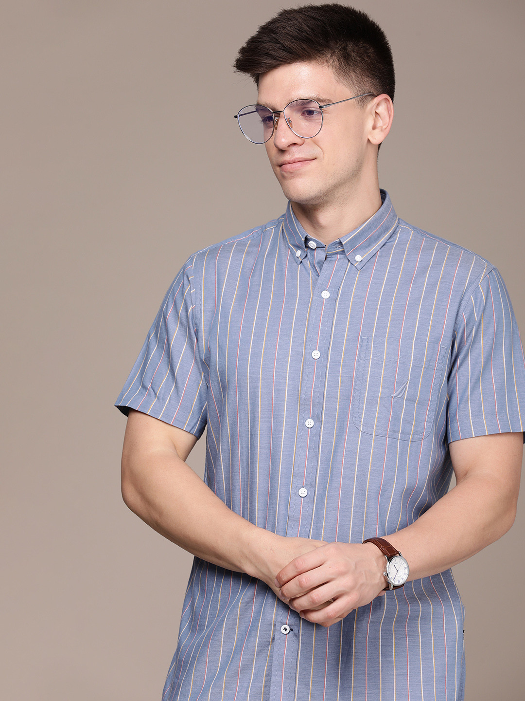 

Nautica Men Slim Fit Pure Cotton Striped Casual Shirt, Blue