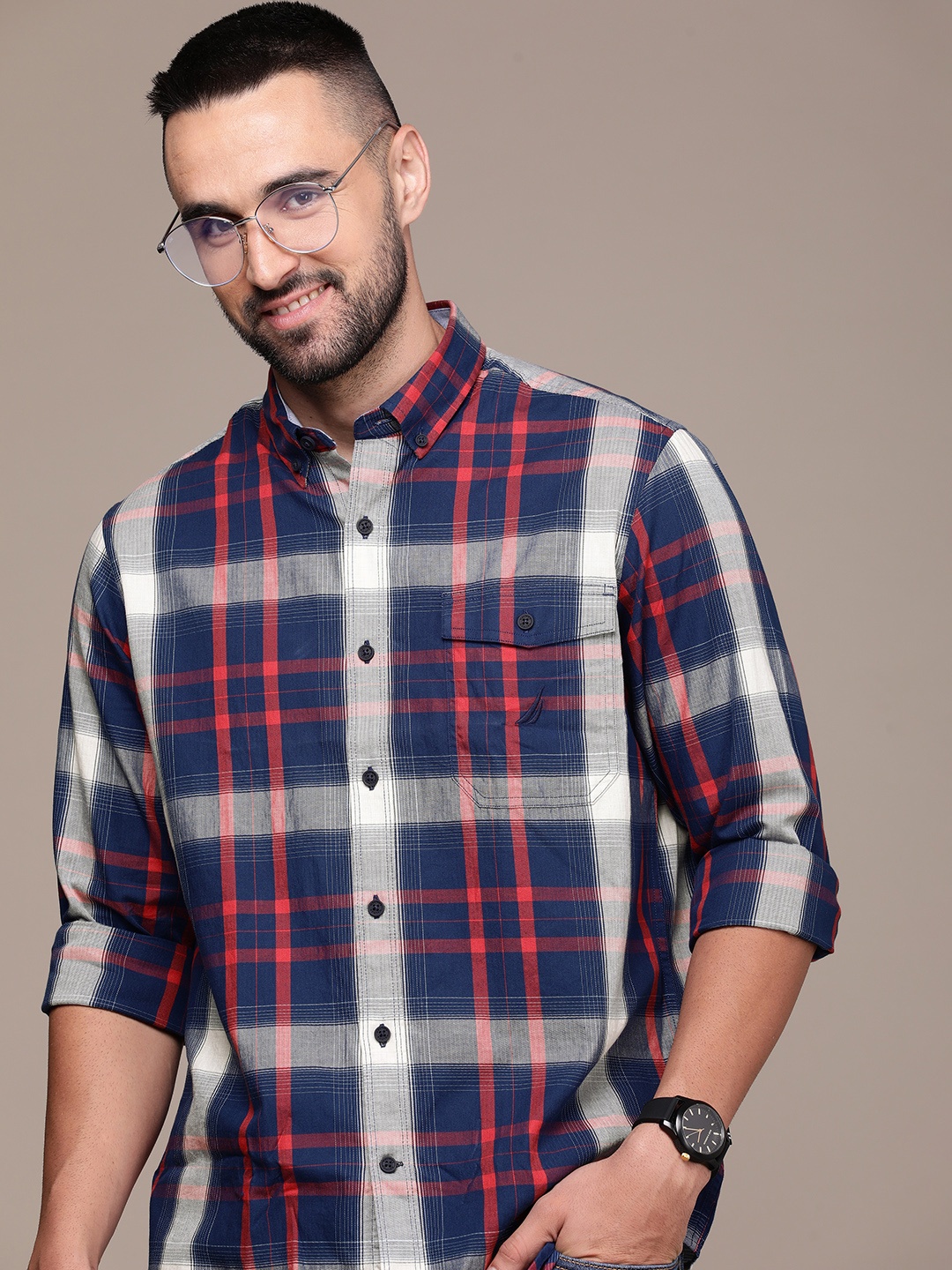 

Nautica Pure Cotton Classic Checked Casual Shirt, Navy blue