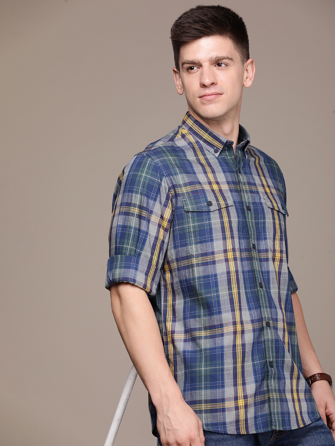 

Nautica Men Classic Tartan Checks Pure Cotton Casual Shirt, Blue