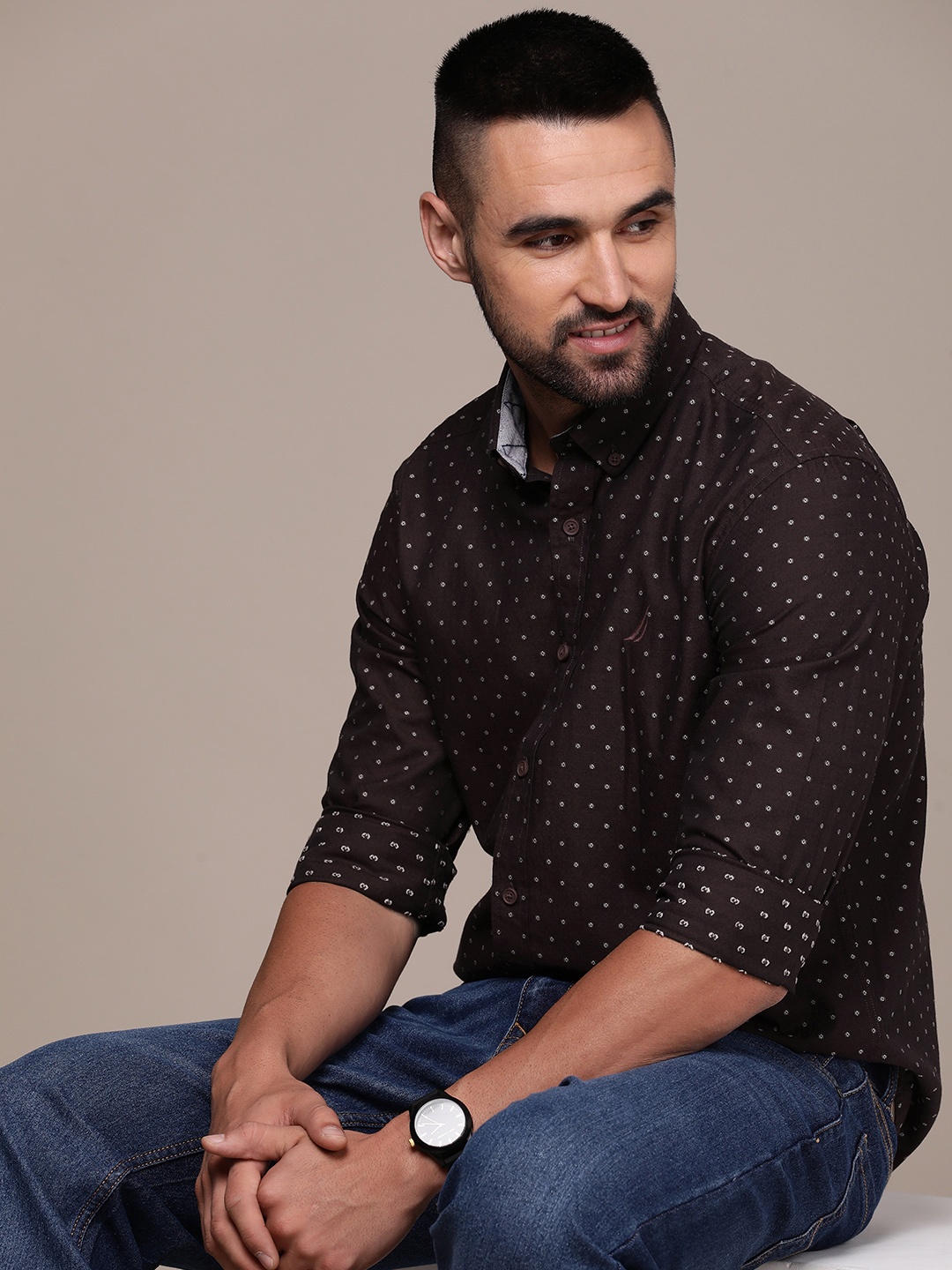 

Nautica Men Slim Fit Pure Cotton Printed Casual Shirt, Maroon