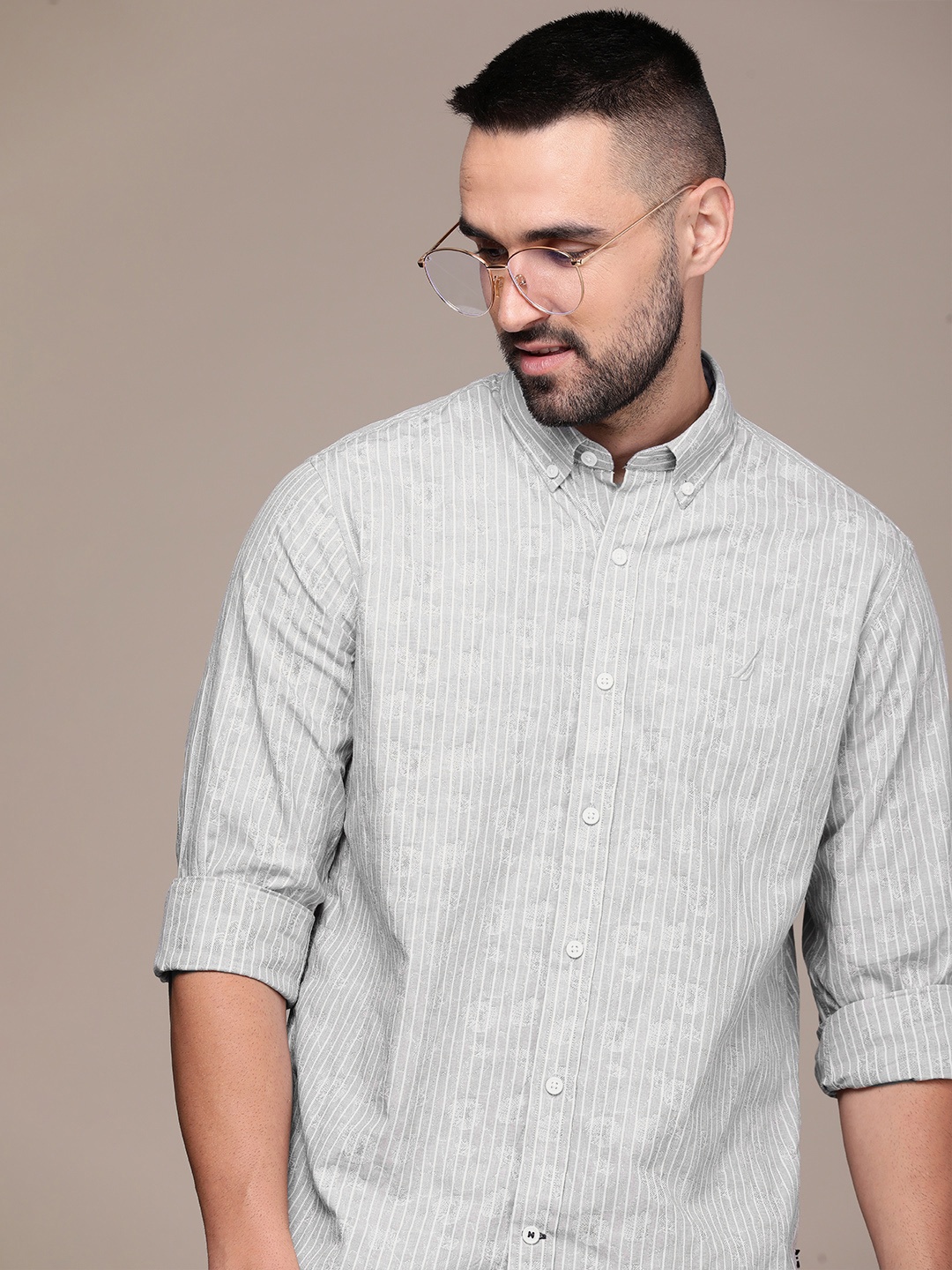 

Nautica Pure Cotton Classic Opaque Striped Casual Shirt, Grey