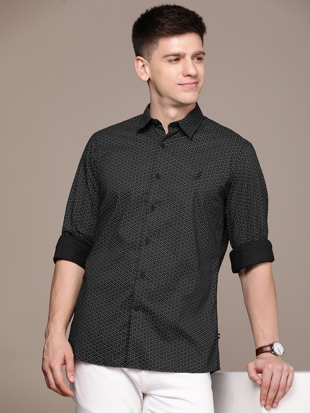 

Nautica Men Slim Fit Pure Cotton Printed Casual Shirt, Black