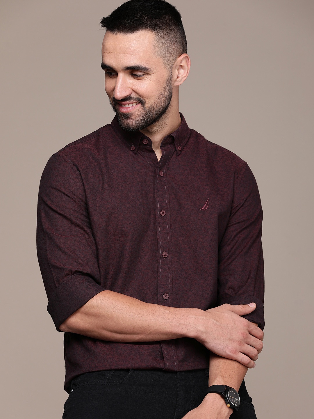 

Nautica Men Slim Fit Floral Printed Pure Cotton Casual Shirt, Burgundy