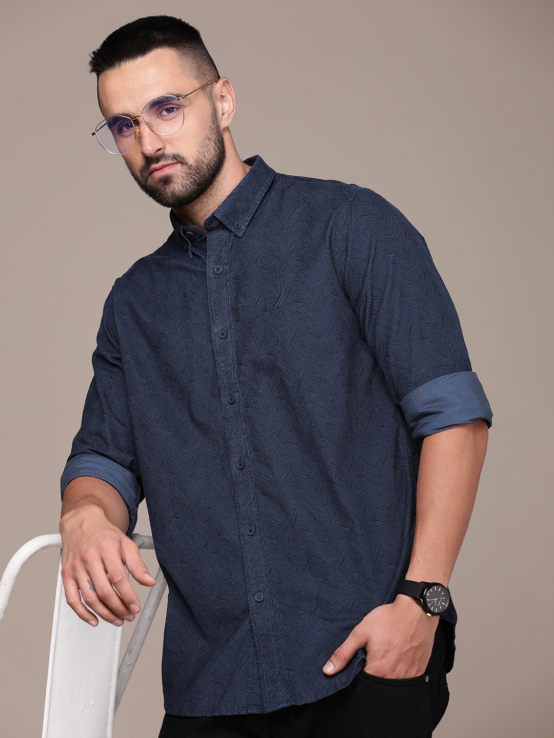 

Nautica Men Classic Pure Cotton Printed Casual Shirt, Navy blue