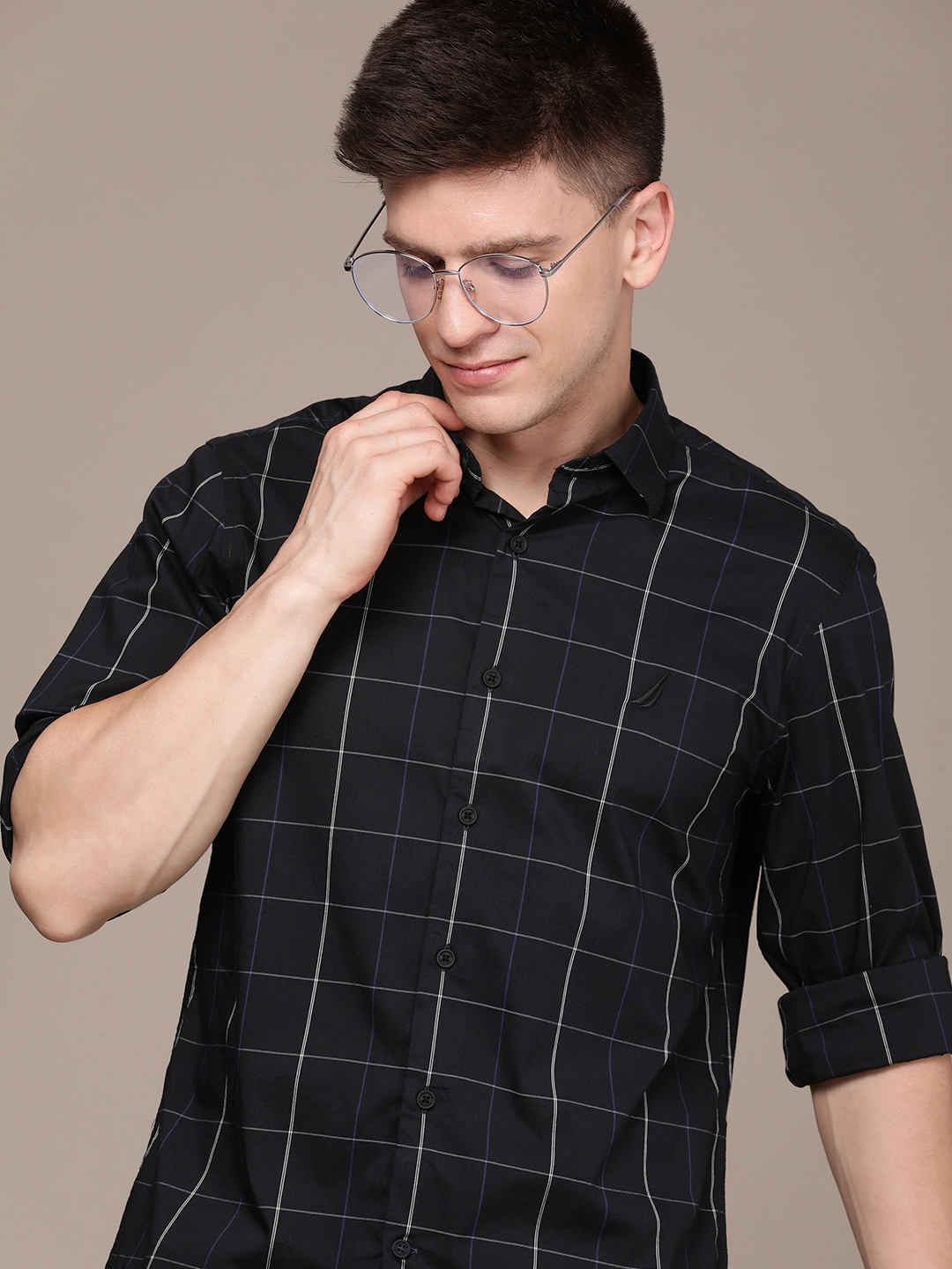 

Nautica Slim Fit Windowpane Checked Casual Shirt, Black