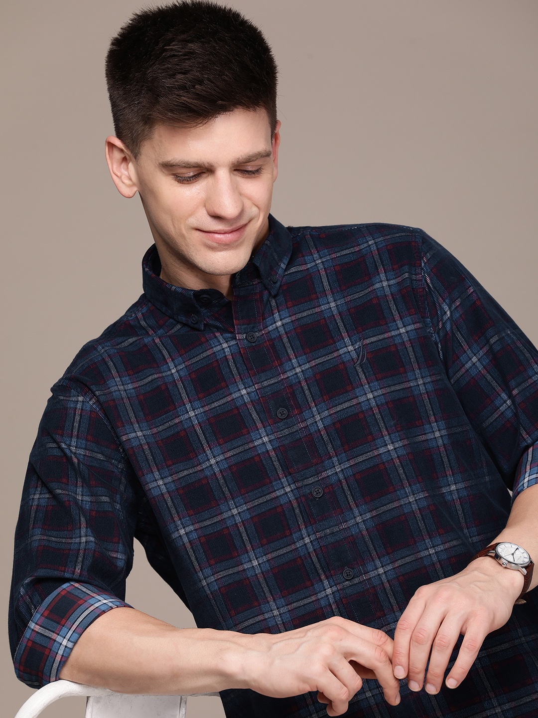 

Nautica Pure Cotton Classic Opaque Checked Casual Shirt, Navy blue