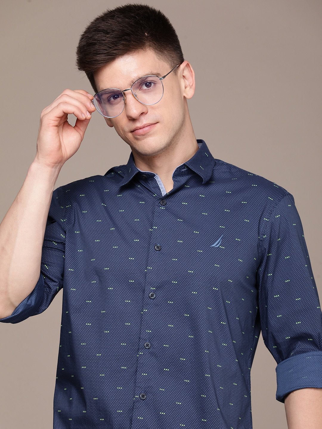 

Nautica Men Slim Fit Pure Cotton Printed Casual Shirt, Navy blue