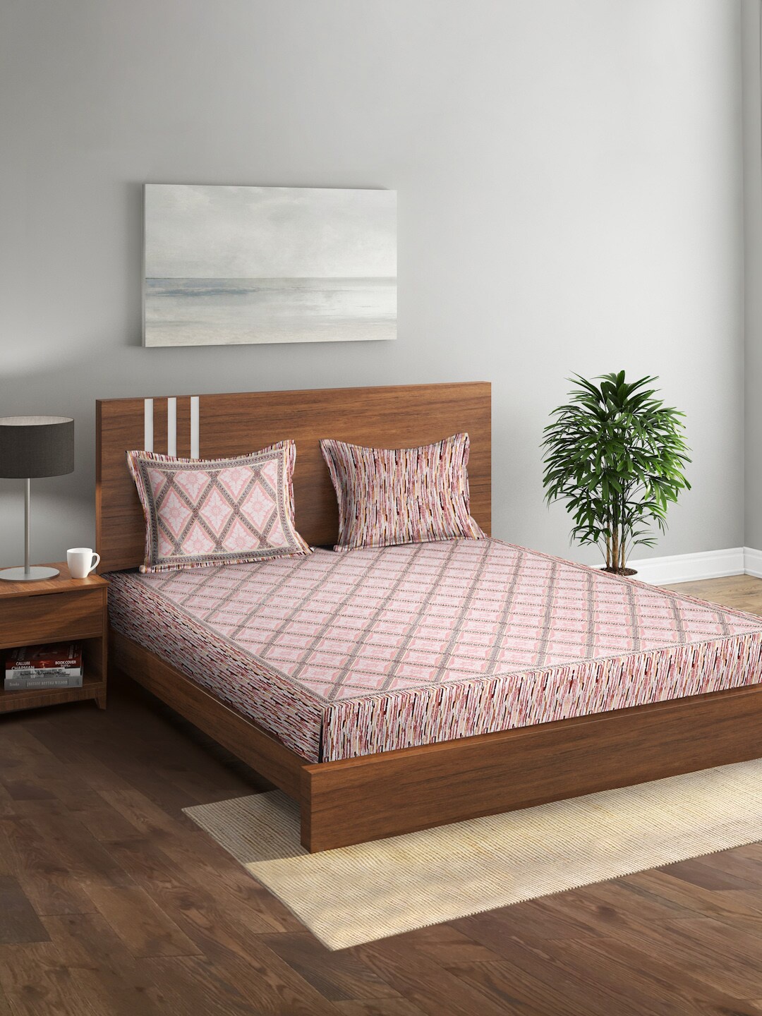 

Rajasthan Decor Pink & White Geometric Pure Cotton 144 TC King Bedsheet & 2 Pillow Covers