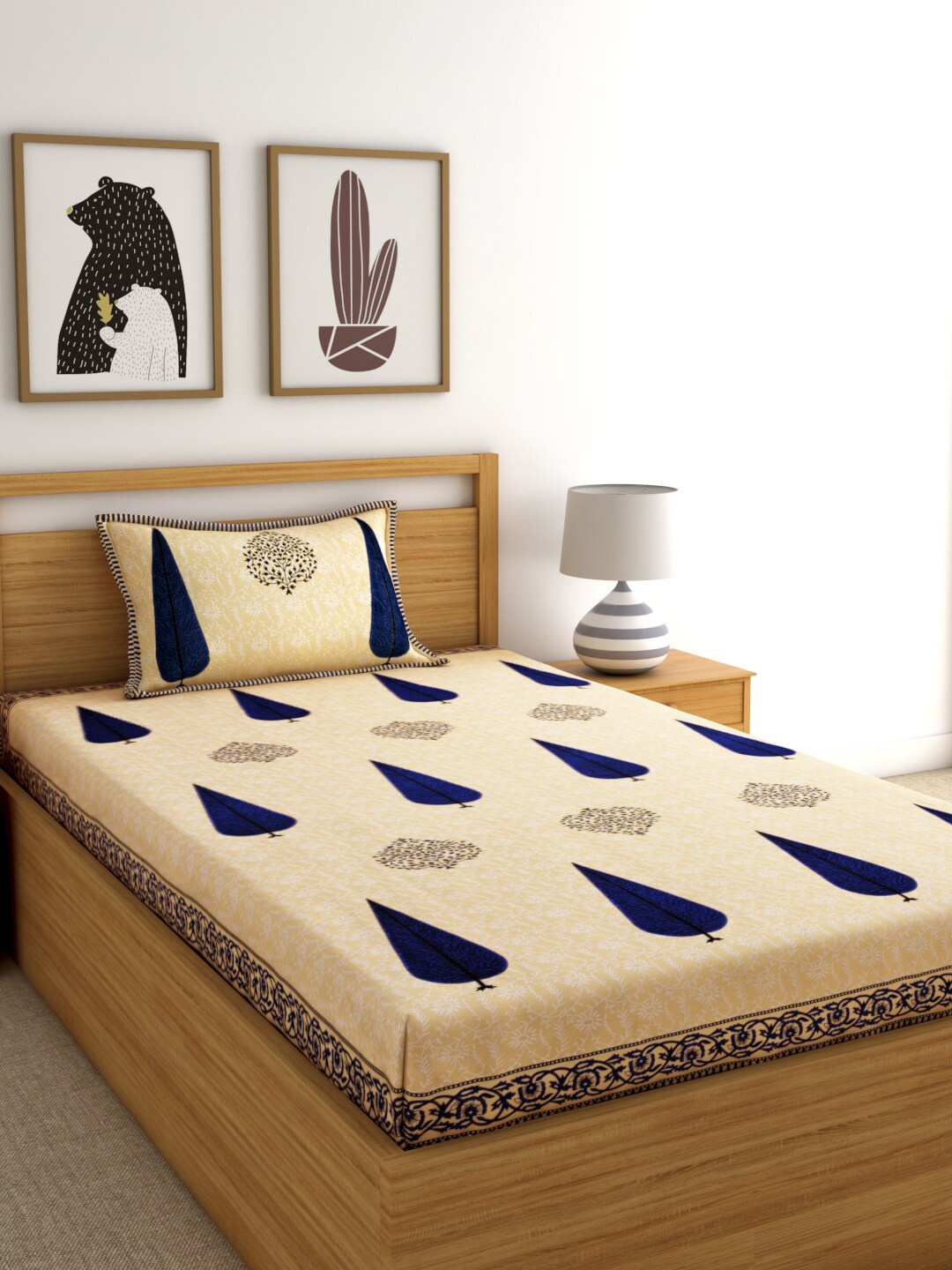 

Rajasthan Decor Beige Printed Pure Cotton 144 TC Single Bedsheet With 1 Pillow Covers