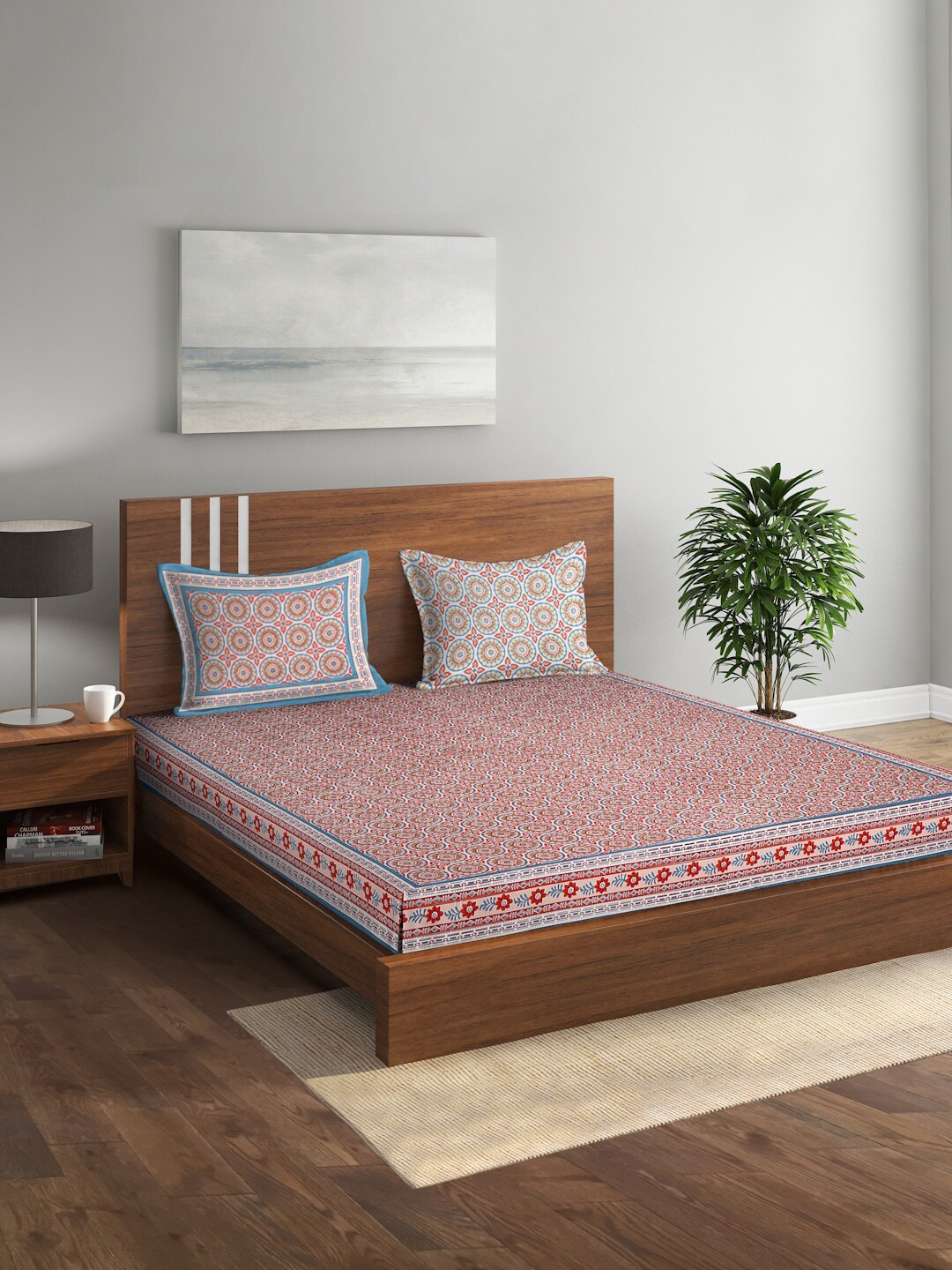 

Rajasthan Decor Red & Blue Floral Pure Cotton 144 TC King Bedsheet & 2 Pillow Covers