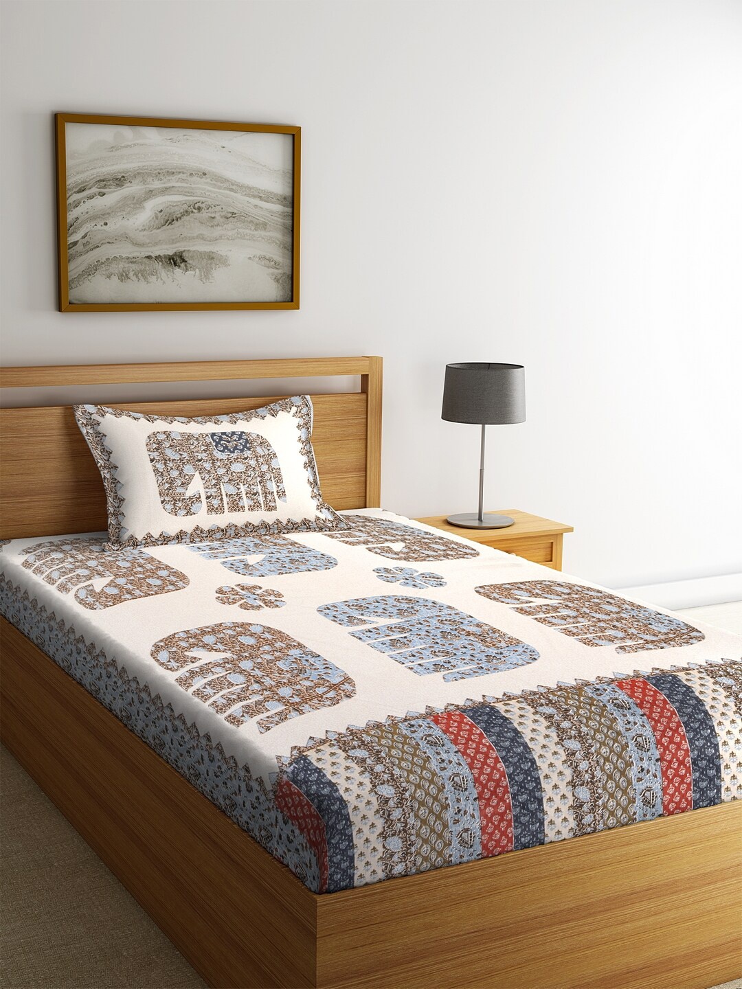 

Rajasthan Decor Cream-Coloured Printed Pure Cotton 144 TC Single Bedsheet & 1 Pillow Cover