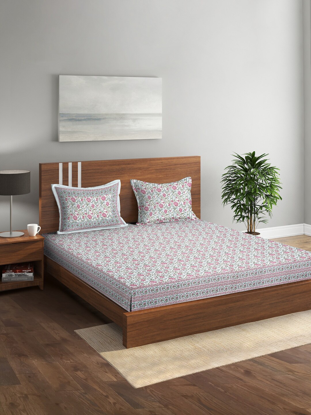 

Rajasthan Decor Pink & White Floral Pure Cotton 144 TC King Bedsheet & 2 Pillow Covers