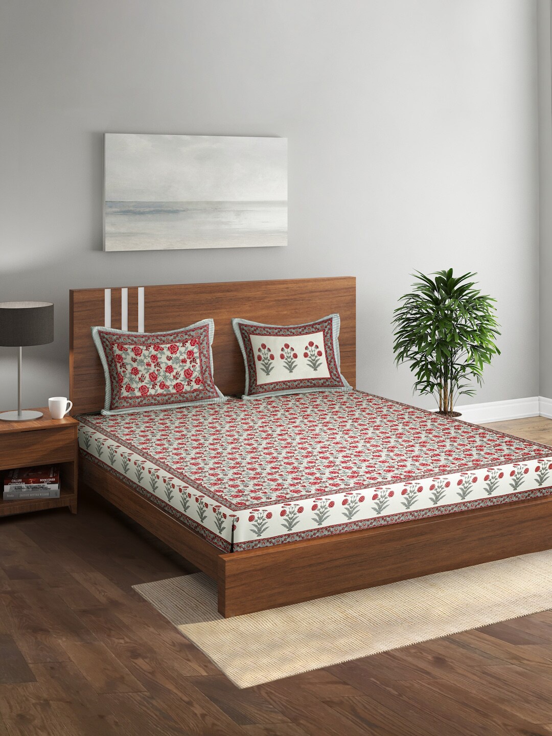 

Rajasthan Decor White & Red Floral Pure Cotton 144 TC King Bedsheet & 2 Pillow Covers