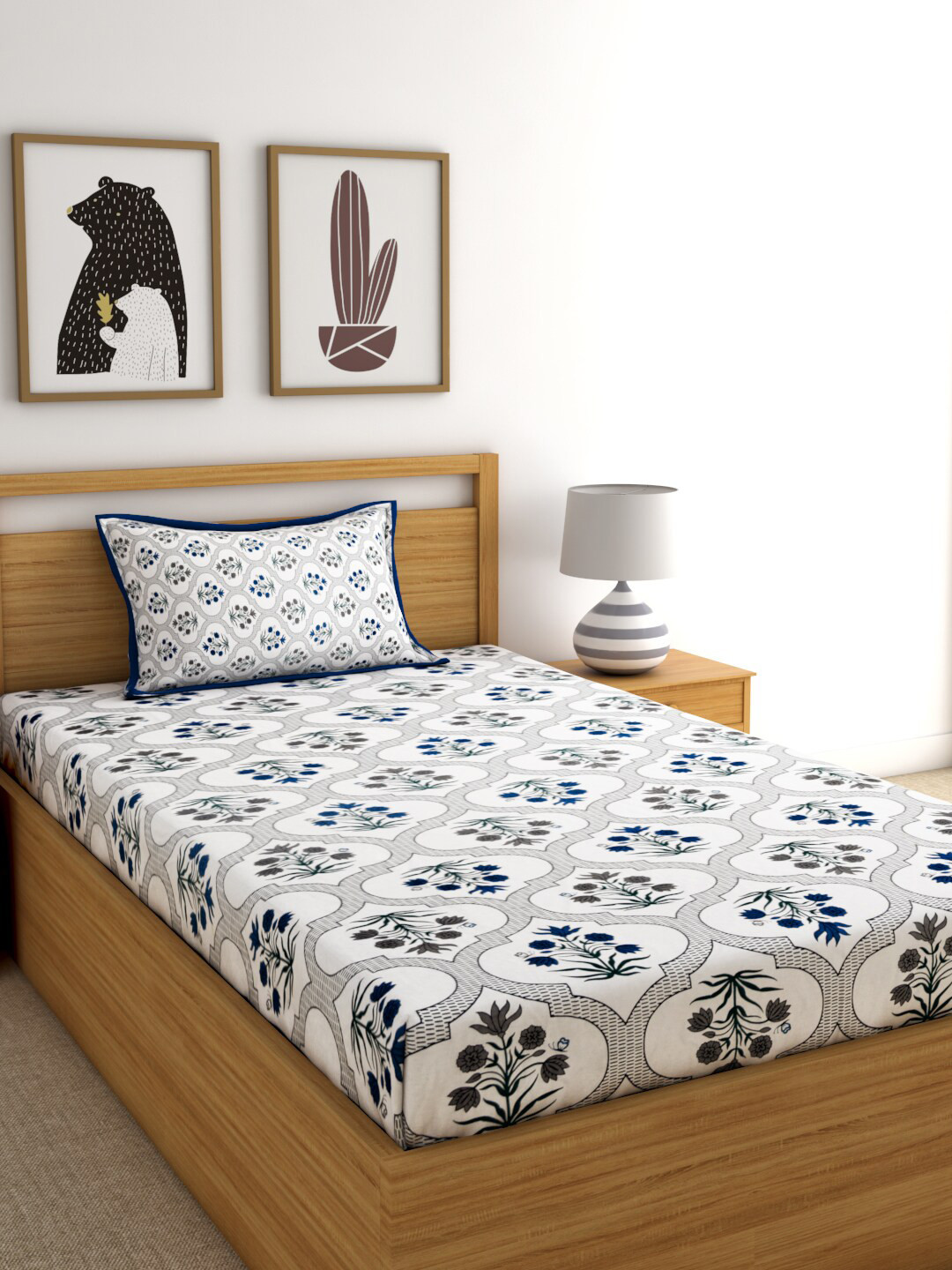 

Rajasthan Decor White & Blue Floral Pure Cotton 144 TC Single Bedsheet & 1 Pillow Cover