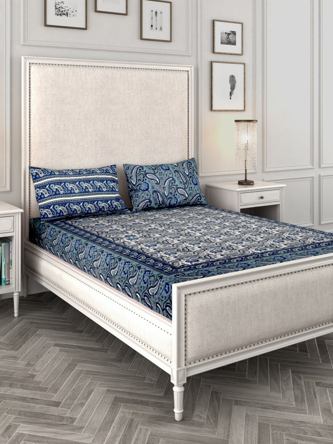 

Rajasthan Decor Grey & Blue Printed Pure Cotton 144 TC King Bedsheet With 2 Pillow Covers