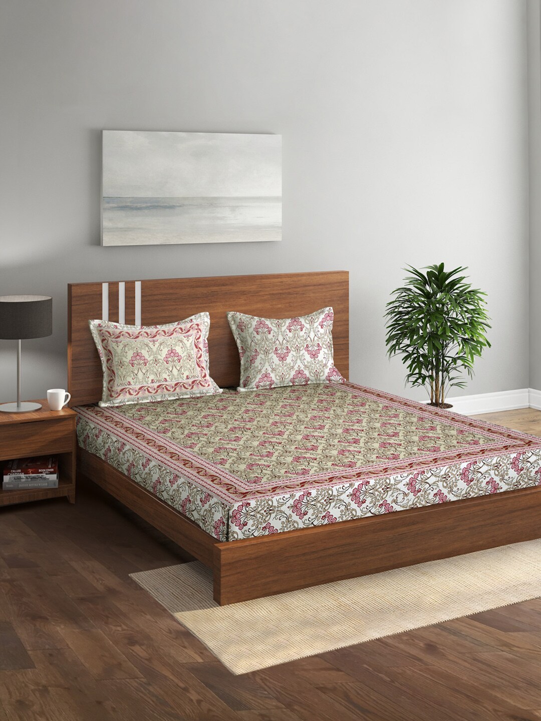 

Rajasthan Decor White & Green Printed 144 TC Pure Cotton King Bedsheet & 2 Pillow Covers