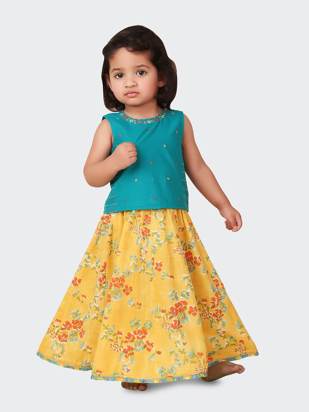 

Fabindia Girls Floral Embroidered Thread Work Foil Printed Ready to Wear Lehenga Choli, Blue