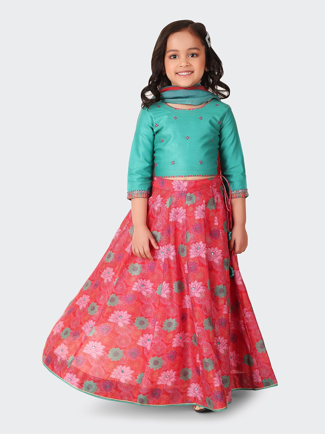 

Fabindia Girls Cotton SIlk Embellished Ready to Wear Lehenga & Blouse With Dupatta, Blue