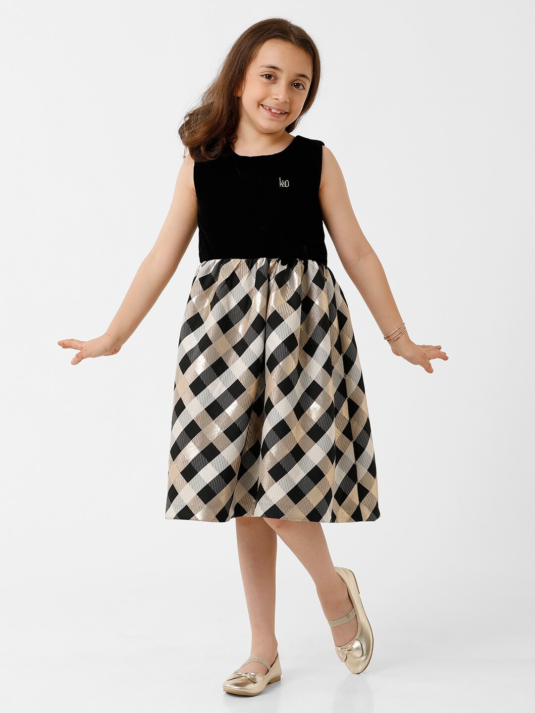

KATE & OSCAR Girls Round Neck Checked Printed Velvet Fit & Flare Dress, Black