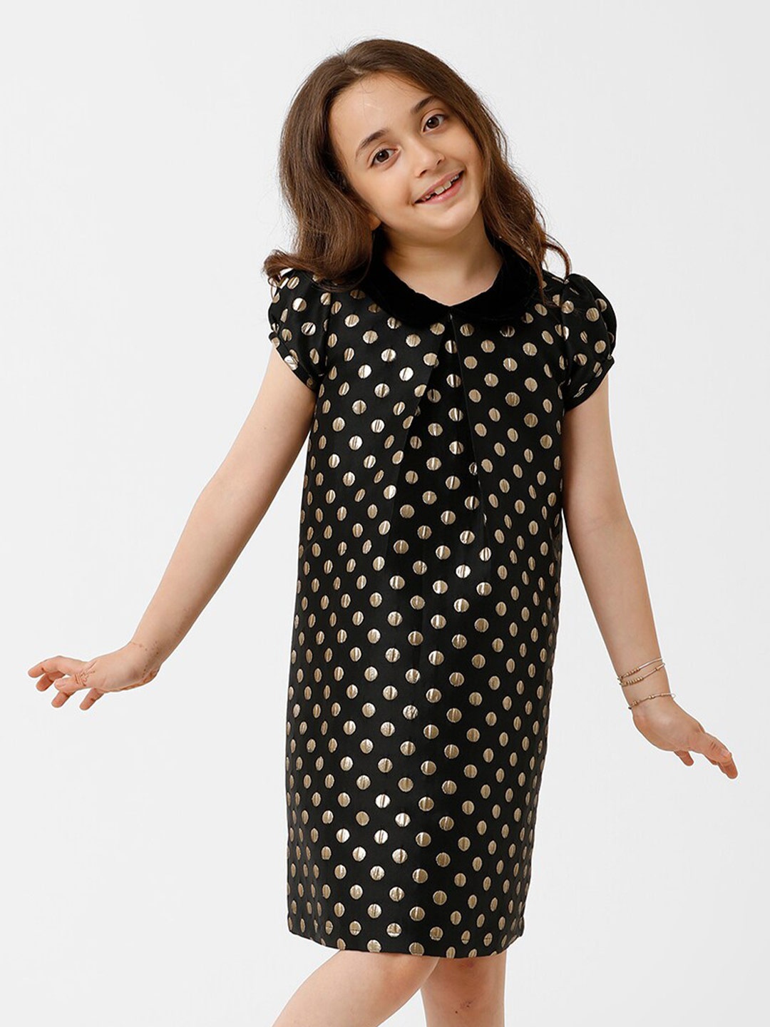 

KATE & OSCAR Girls Round Neck Polka Dots Printed Jacquard A-Line Dress, Black