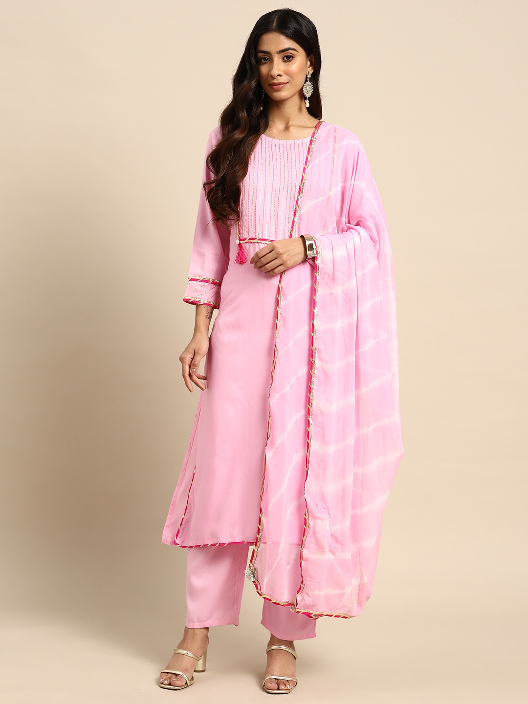 

all about you Yoke Design Regular Gotta Patti Kurta With Trousers & Dupatta, Pink