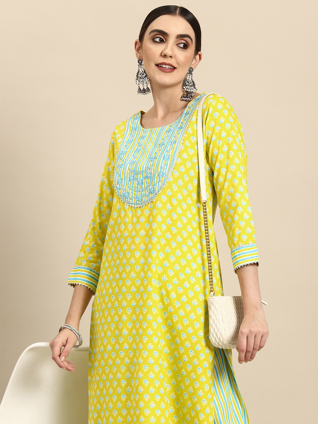 

all about you Women Embroidered Regular Mirror Work Kurta with Trousers, Yellow
