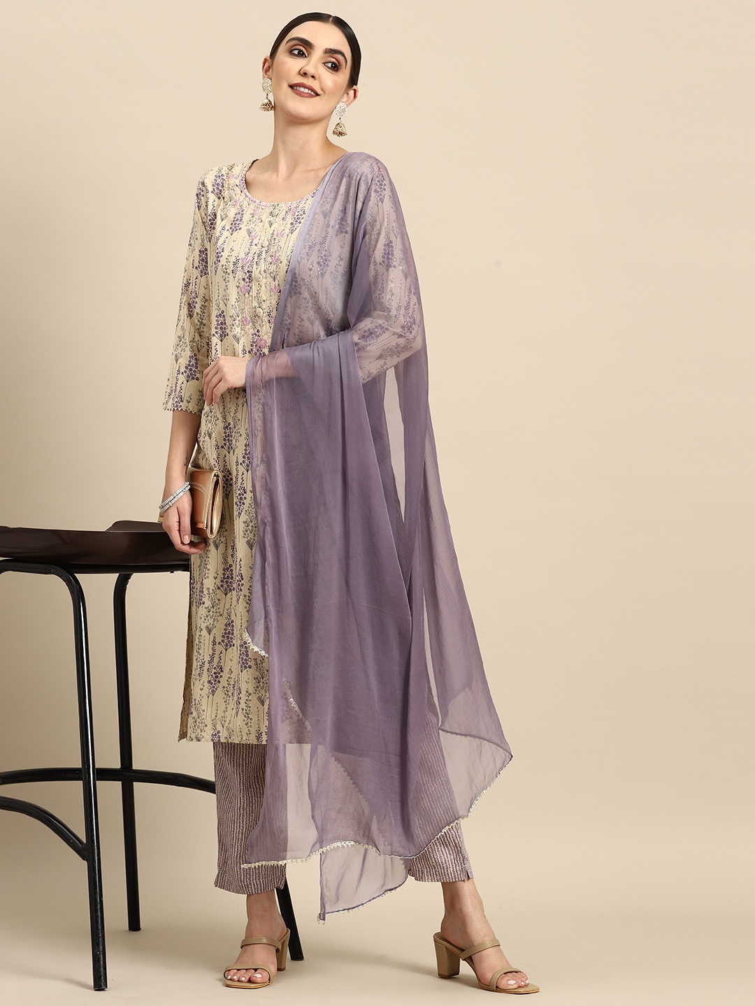 

all about you Women Floral Printed Regular Sequinned Kurta with Trousers & With Dupatta, Purple