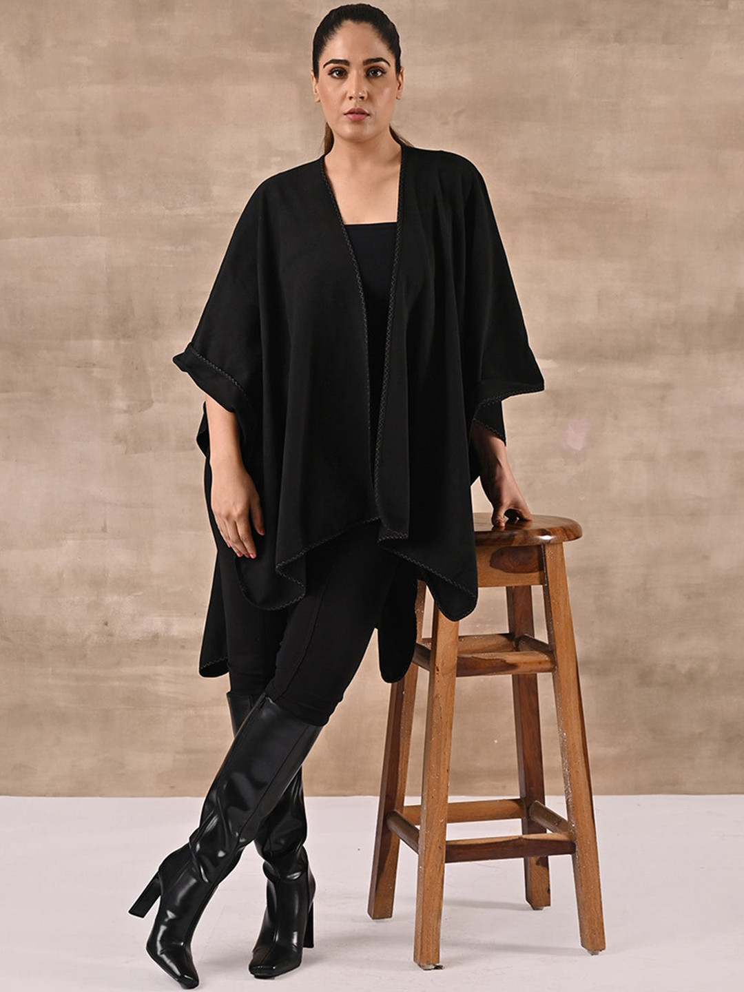 

Lakshita Longline Open Front Jacket with Embroidered, Black