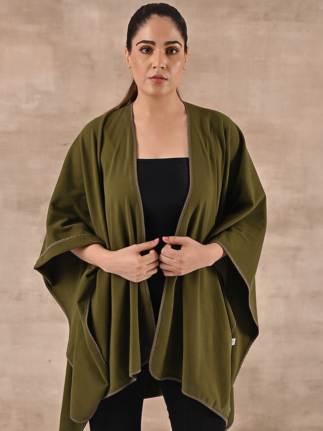 

Lakshita Longline Open Front Jacket with Embroidered, Olive