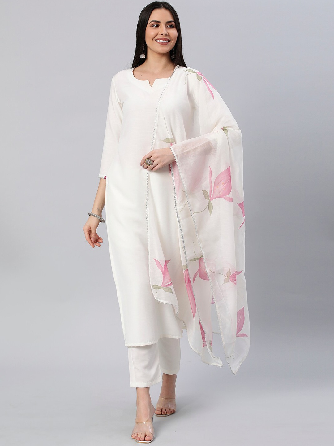 

KALINI Notched Neck Kurta With Trousers & Dupatta, White