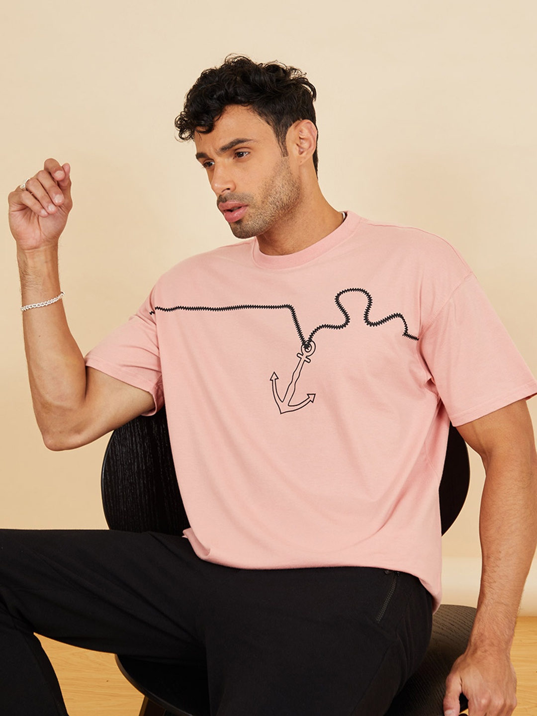 

Styli Graphic Printed Cotton Oversized T-shirt, Pink