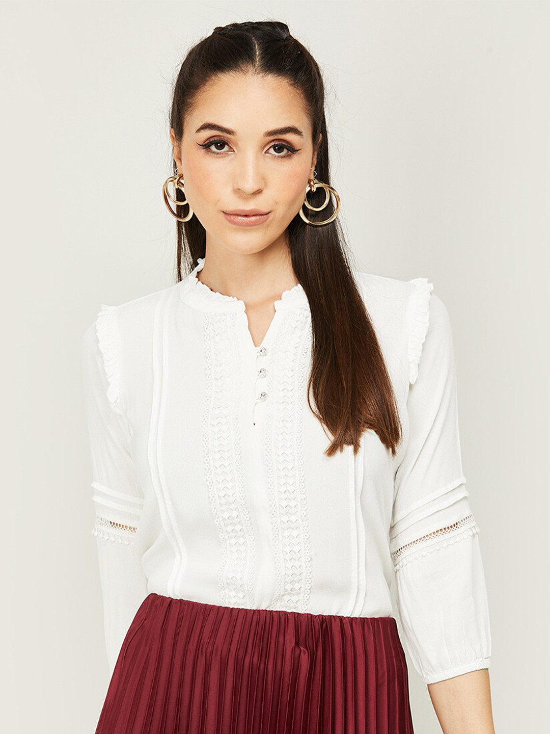 

CODE by Lifestyle Mandarin Collar Puff Sleeves Lace Ups Shirt Style Top, Off white