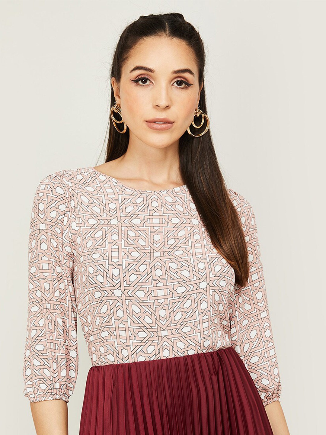 

CODE by Lifestyle Geometric Printed Puffed Sleeves Top, Peach