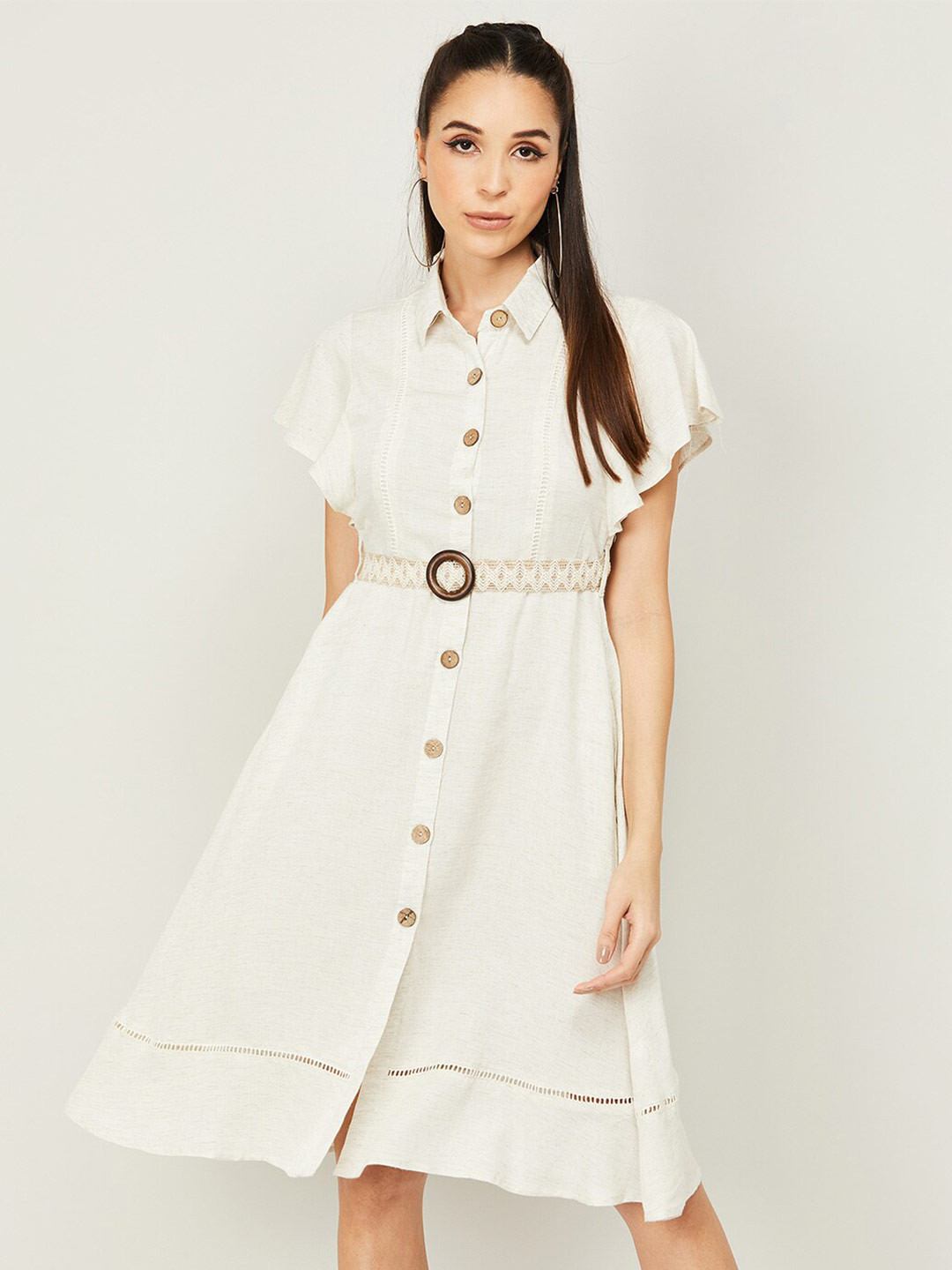 

CODE by Lifestyle Flutter Sleeves Shirt Dress With Belt, Beige