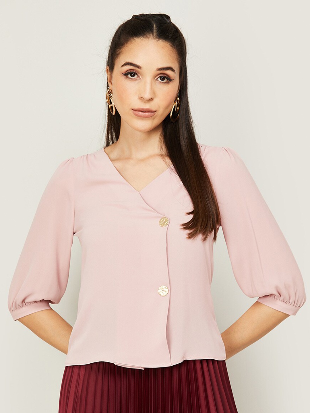 

CODE by Lifestyle V-Neck Puffed Sleeves Top, Peach