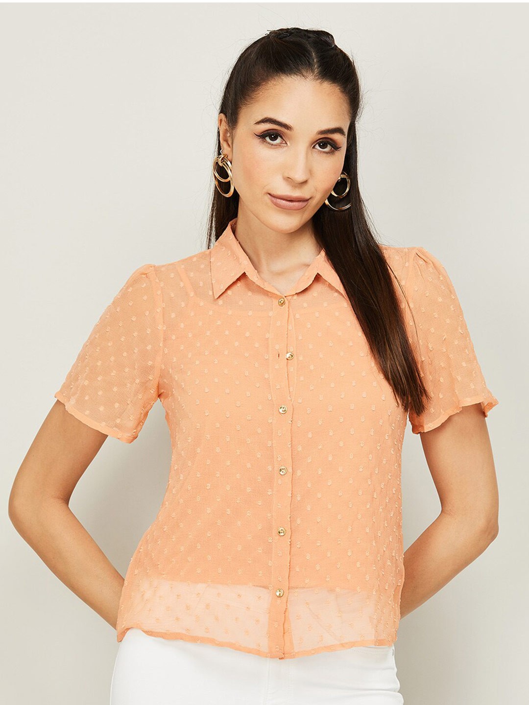 

CODE by Lifestyle Self Design Puff Sleeves Shirt Style Top, Coral