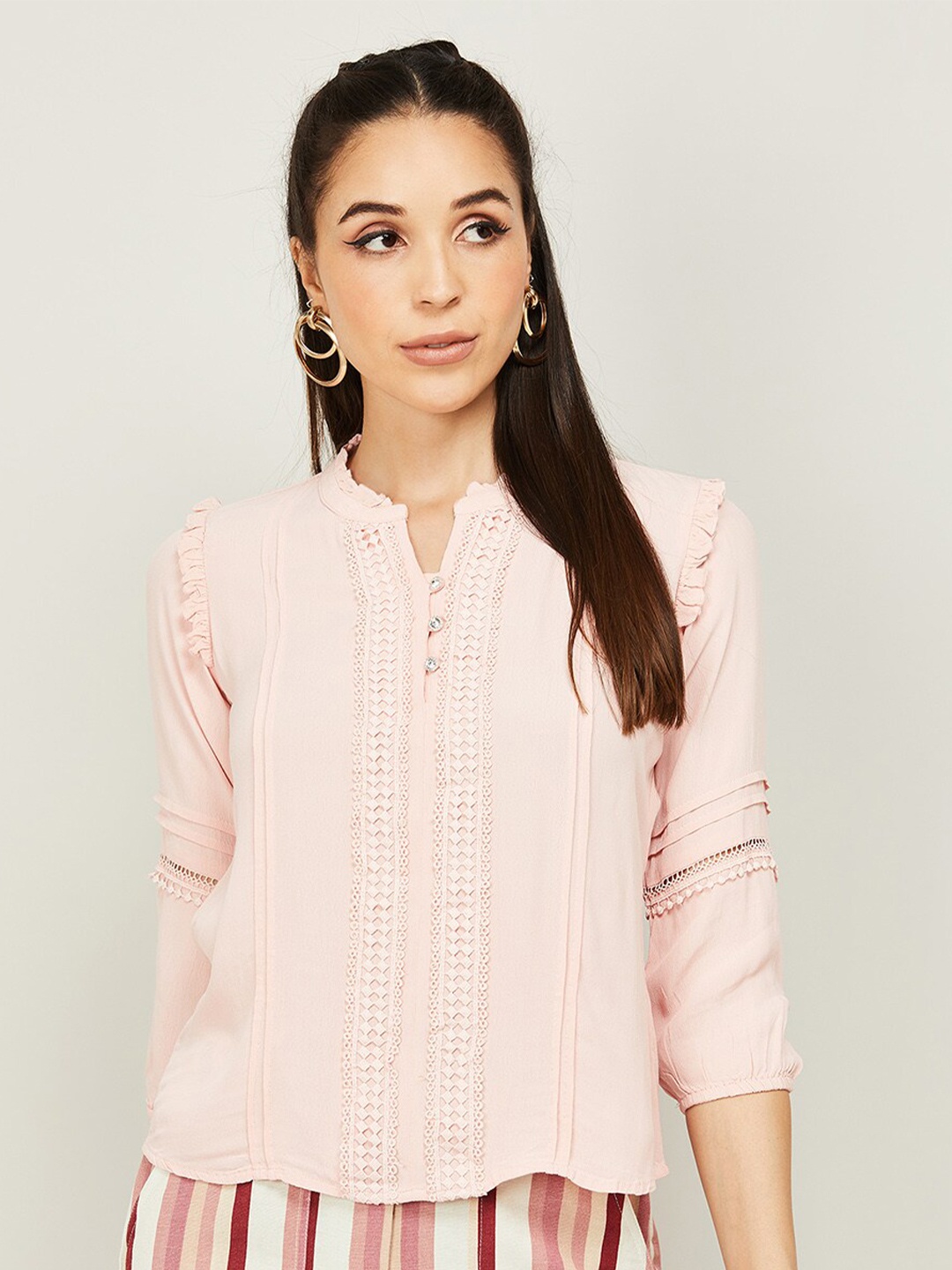 

CODE by Lifestyle Mandarin Collar Ruffles Top, Peach