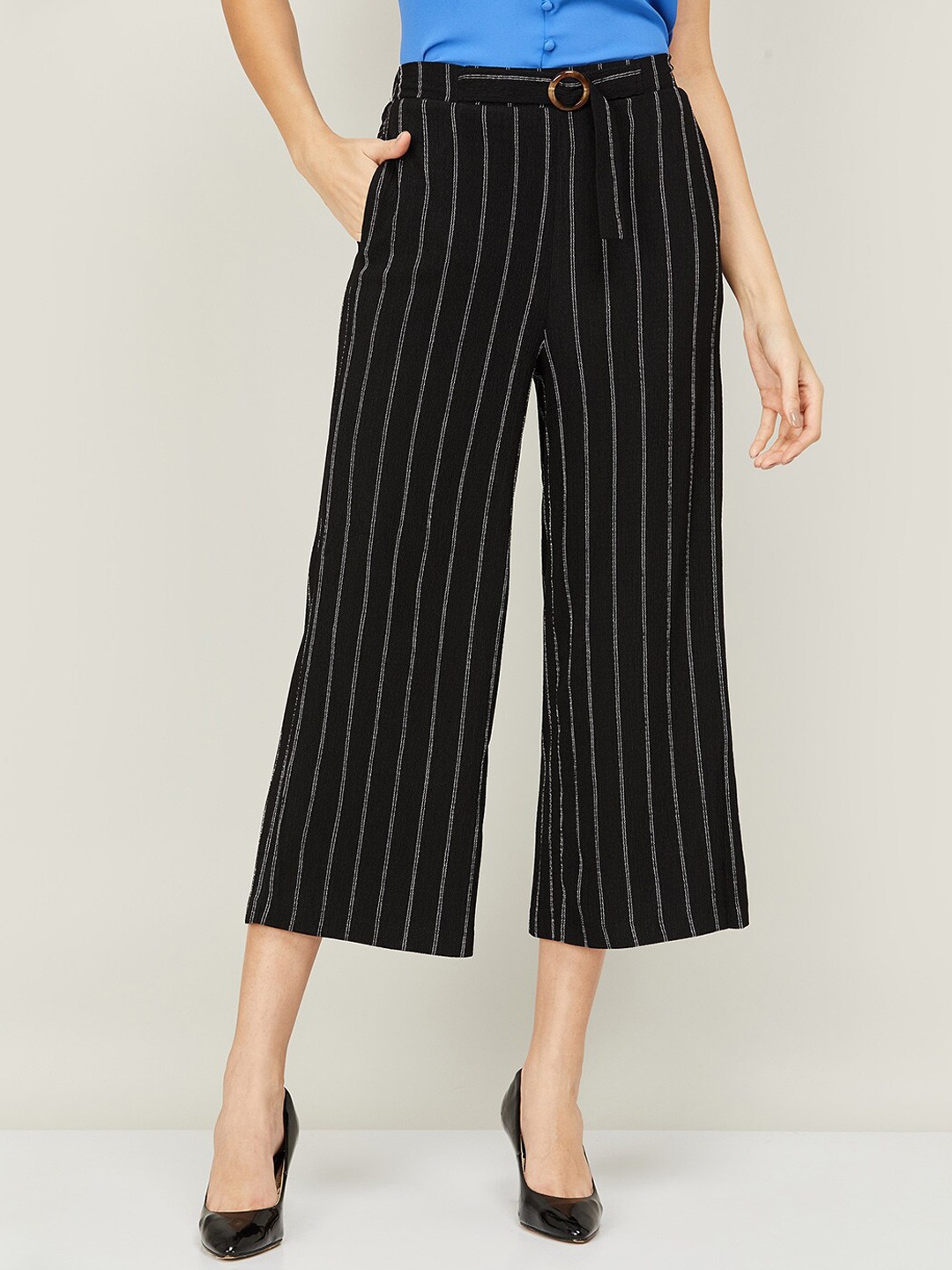

CODE by Lifestyle Women Mid-Rise Striped Culottes Trousers, Black