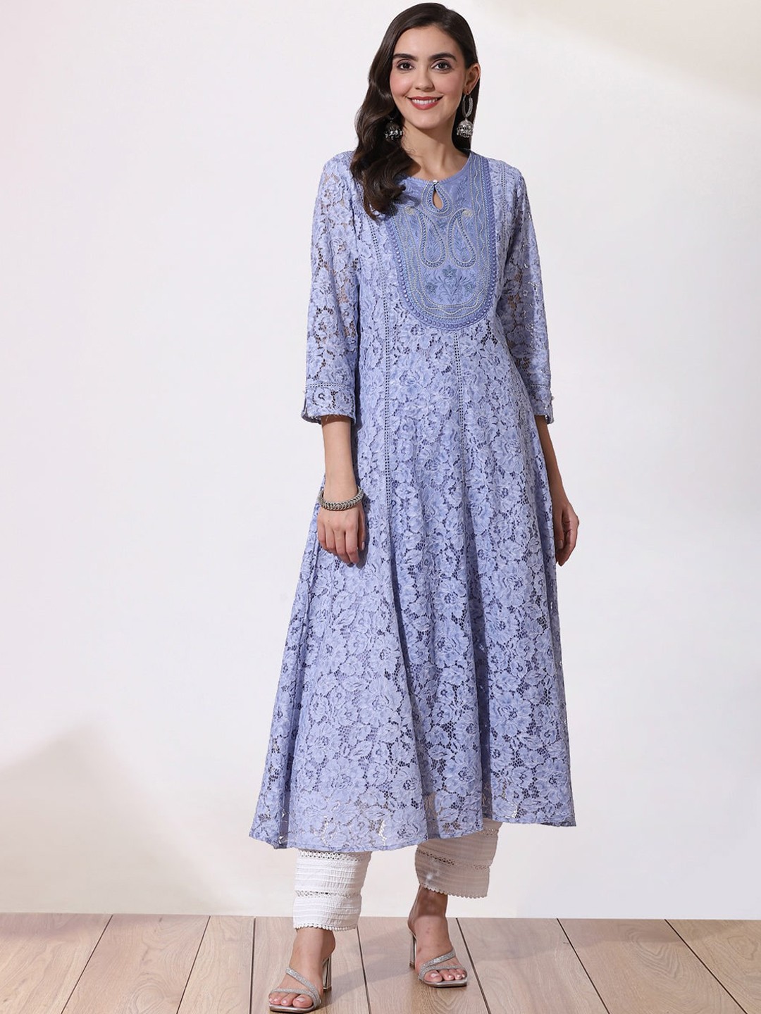 

Lakshita Woven Design Keyhole Neck Thread Work Floral Anarkali Kurta, Lavender