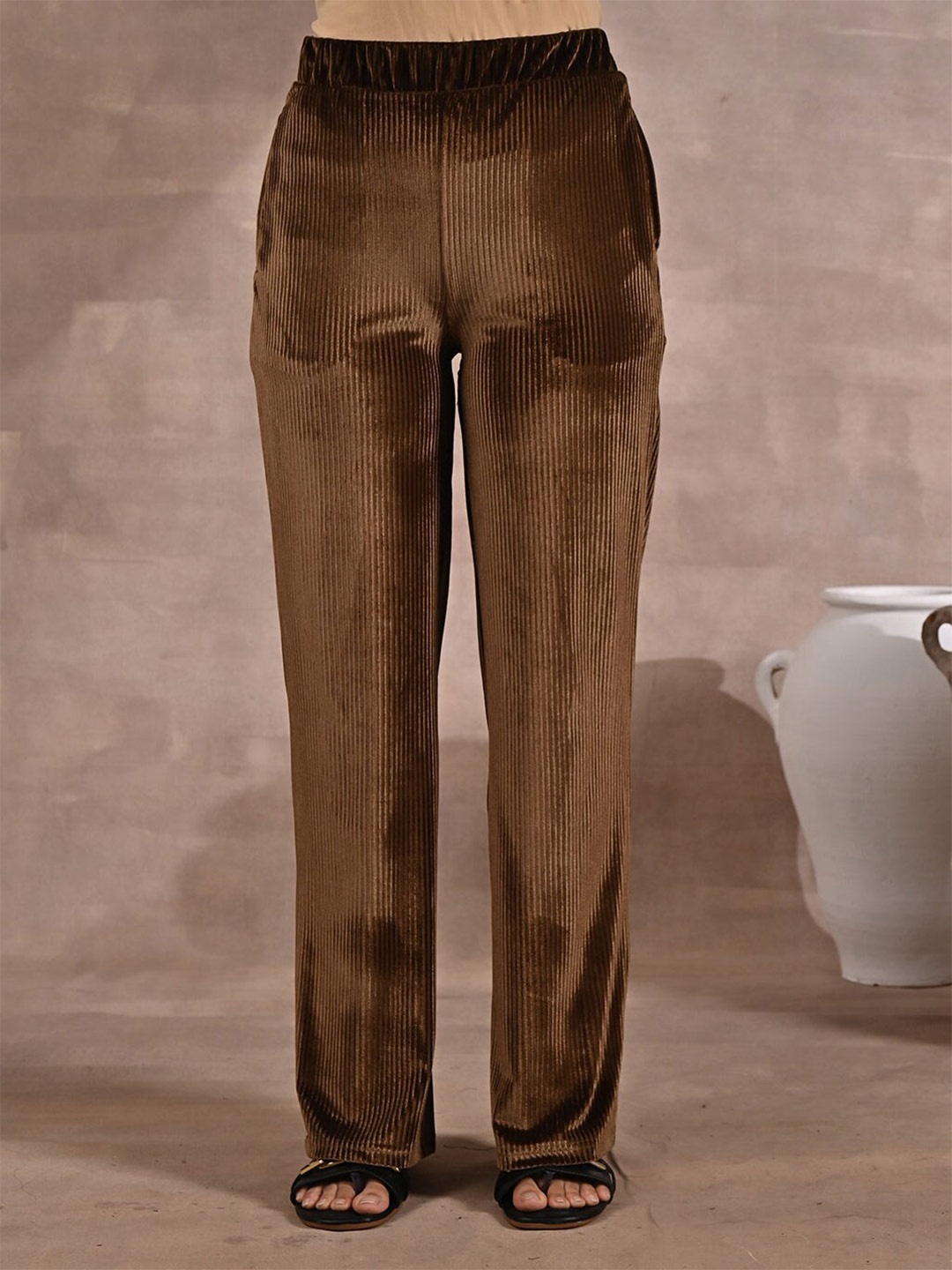 

Lakshita Self Designed Mid Rise Velour Straight-Fit Palazzo, Brown