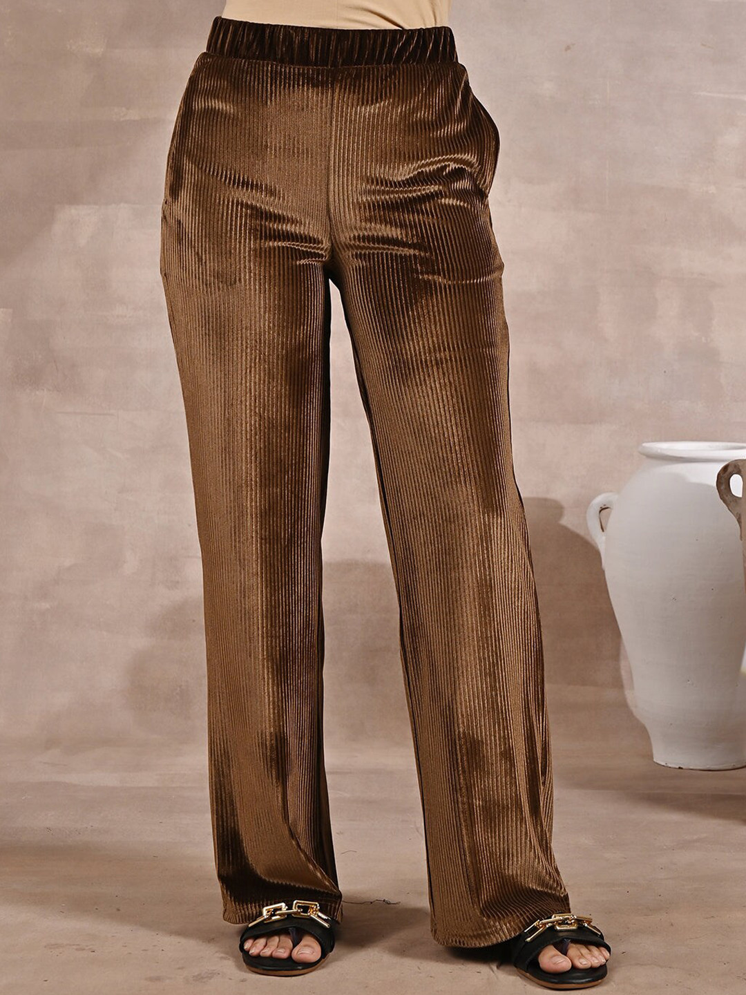 

Lakshita Mid Rise Self Designed Straight Fit Palazzos, Brown