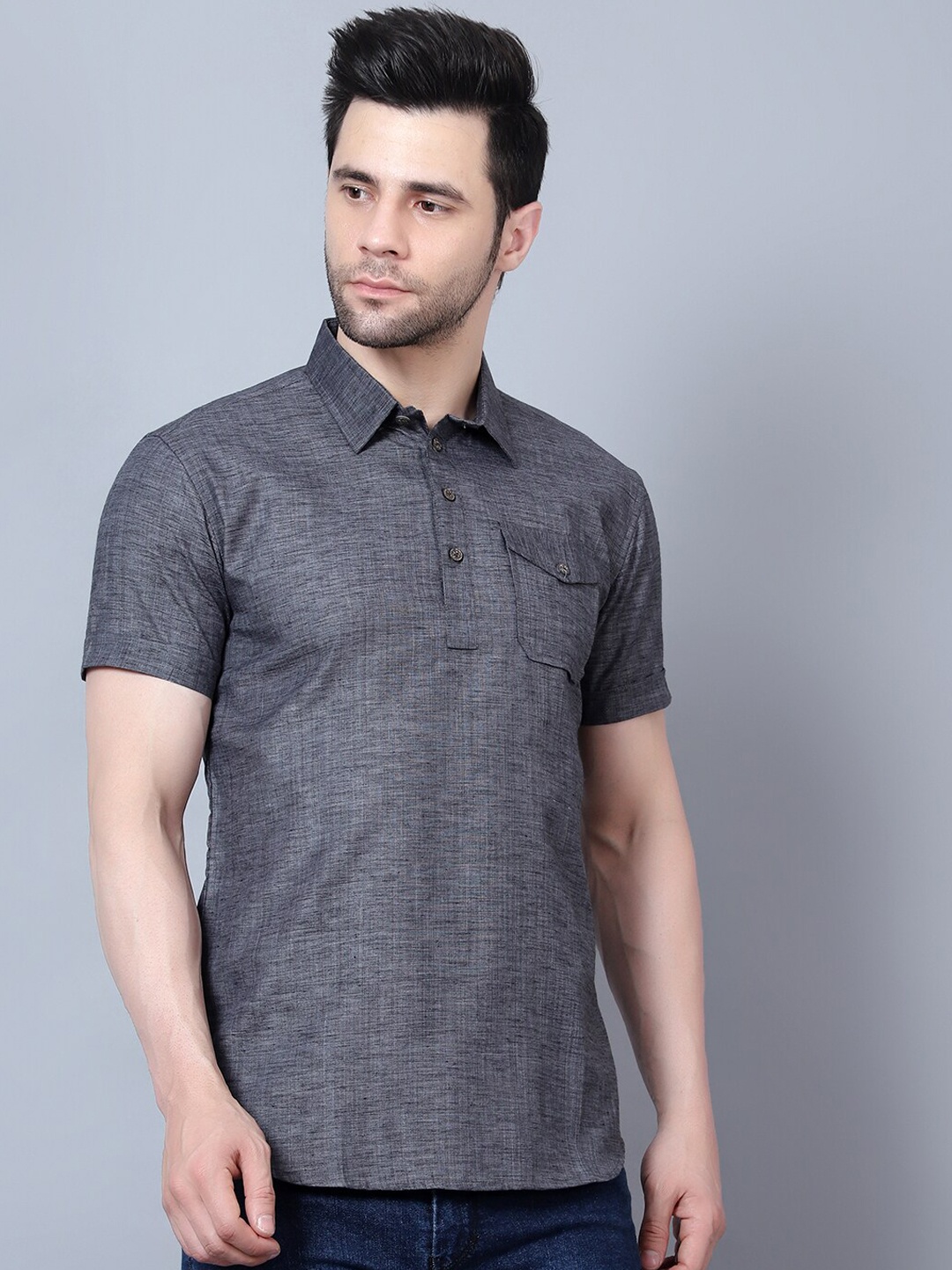

HERE&NOW Shirt Collar Short Sleeves Kurta, Black