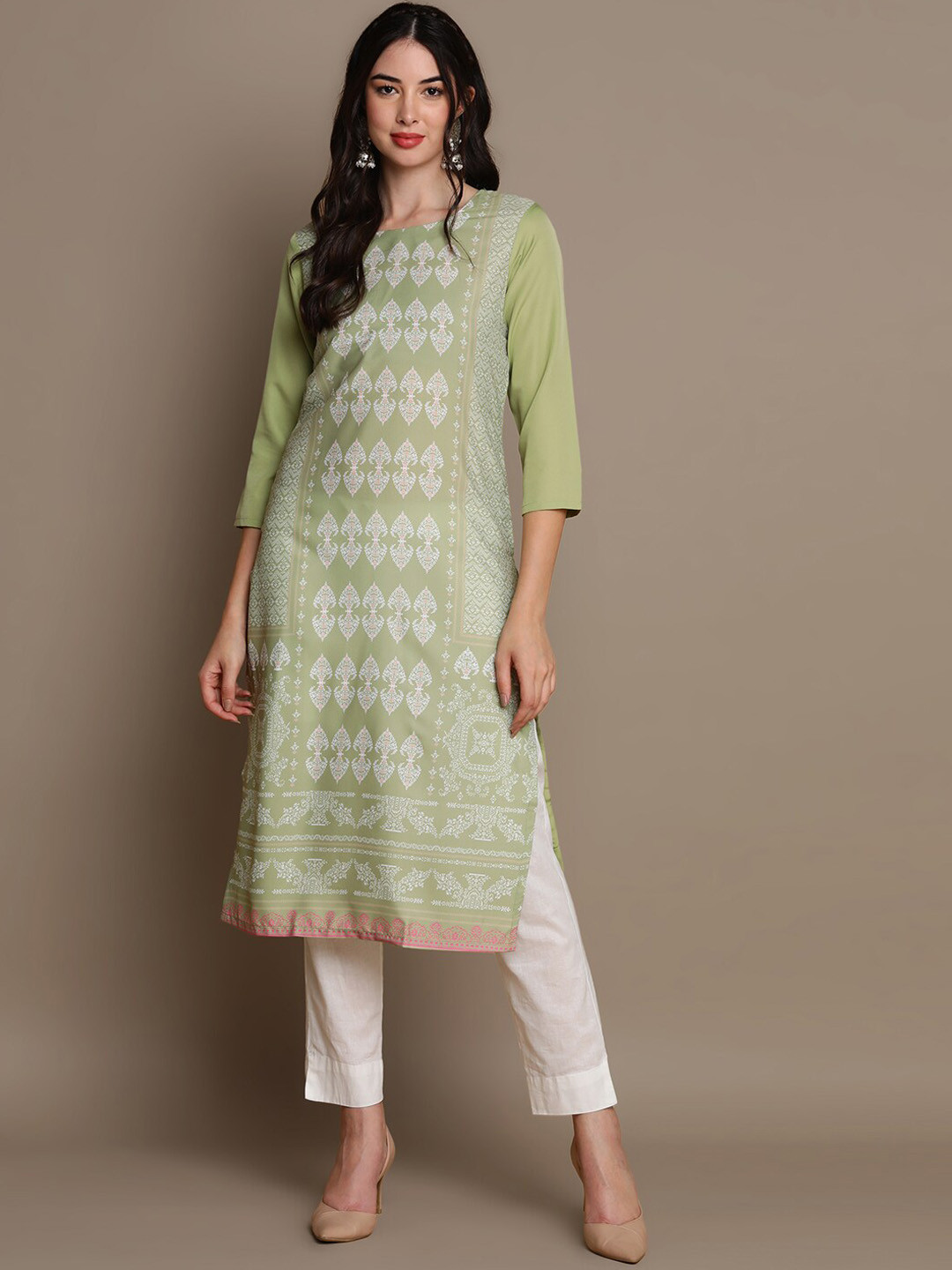 

AHIKA Ethnic Motifs Printed Round Neck Kurta, Sea green