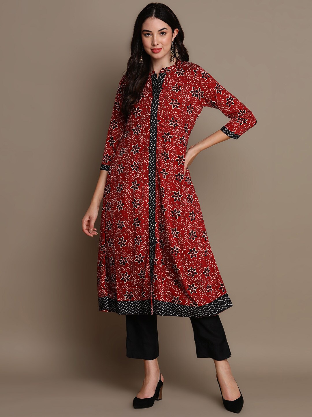 

AHIKA Ethnic Motifs Printed Mandarin Collar A-Line Kurta, Rust